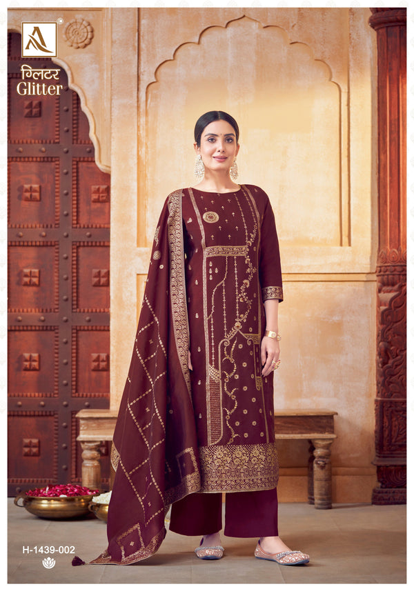 Glitter Jacquard With Khatali Hand Work Un-Stitched Suits (6 Colour Of Set)