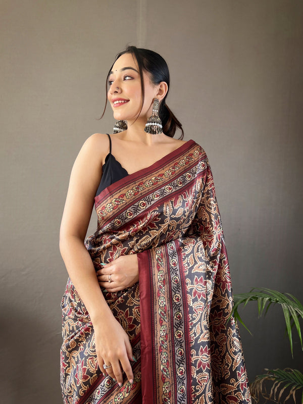 Black And Maroon Digital Print Saree with Floral and Geometric Motifs