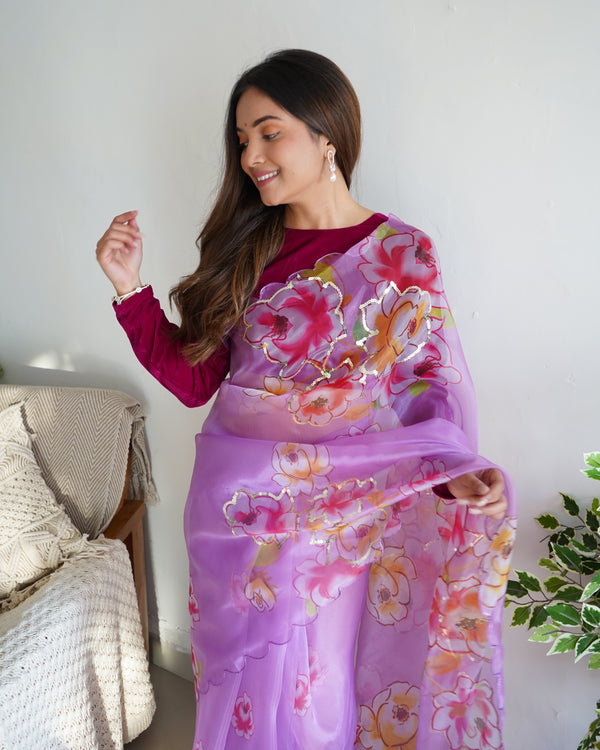 Vibrant Lilac Floral Organza Saree with Bold Pink Accents