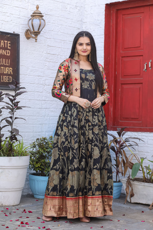 Black Gown with Gold Floral Weaving and Rich Paithani Jacket