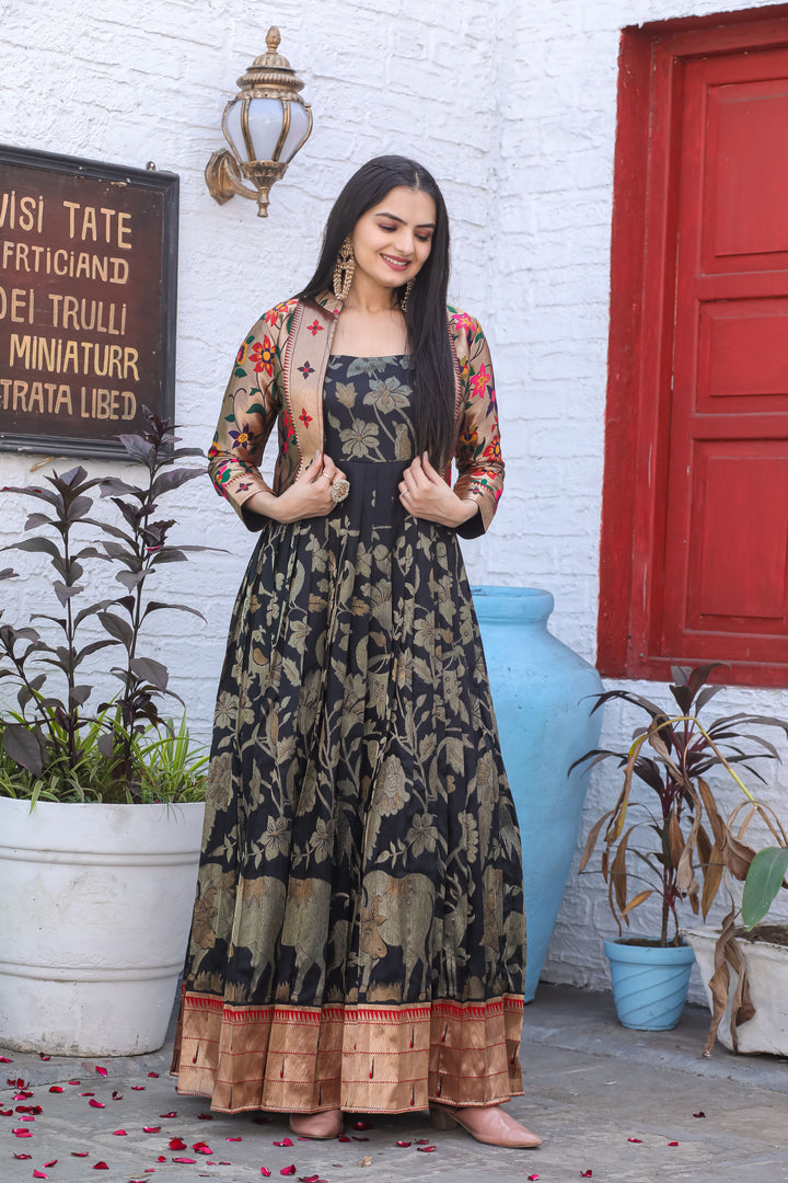 Black Gown with Gold Floral Weaving and Rich Paithani Jacket