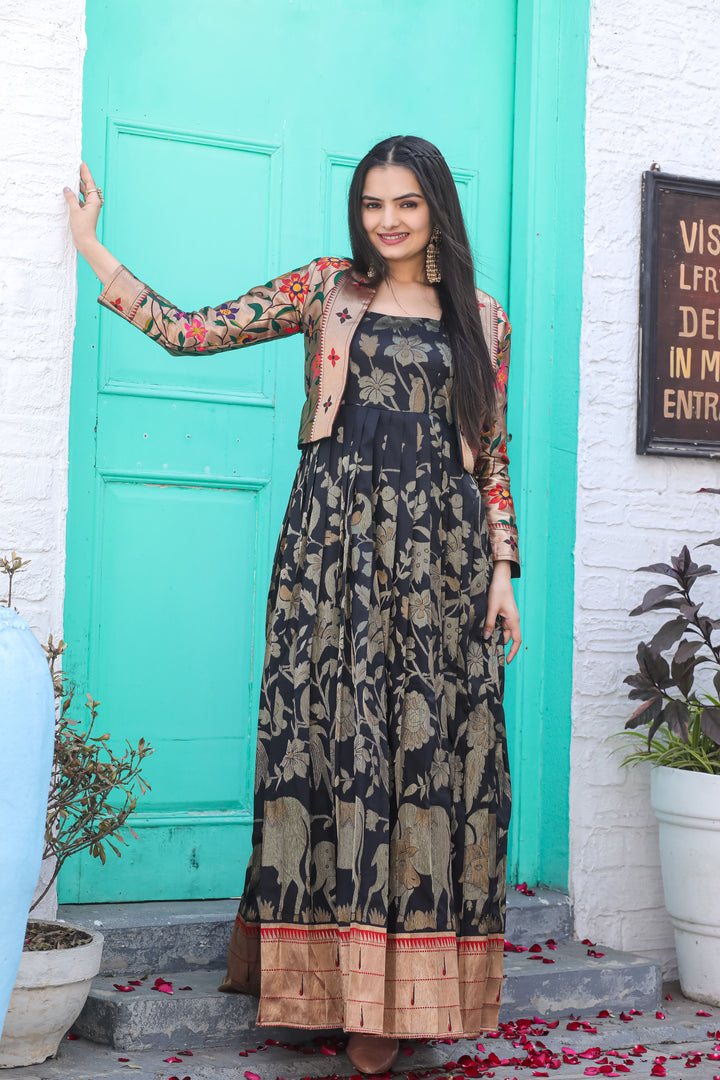 Black Gown with Gold Floral Weaving and Rich Paithani Jacket