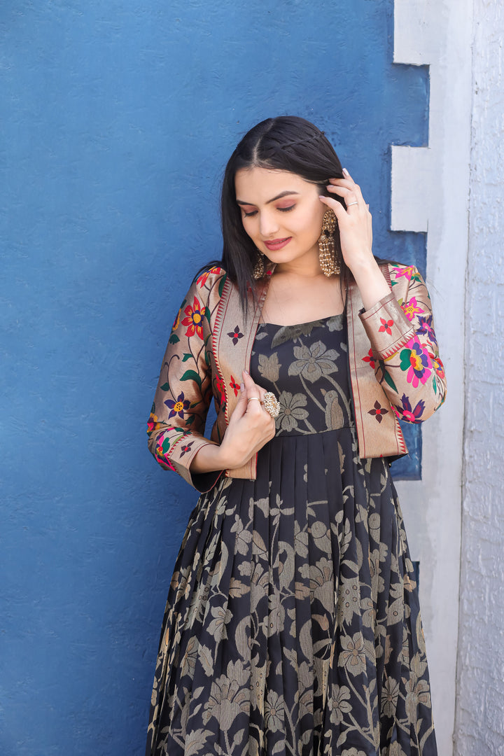 Black Gown with Gold Floral Weaving and Rich Paithani Jacket