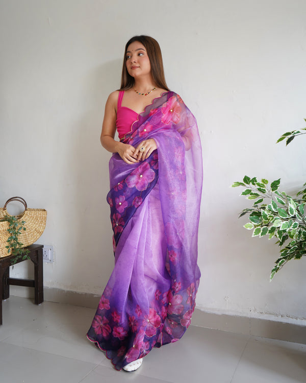 Radiant Purple Organza Saree with Bold Floral Patterns