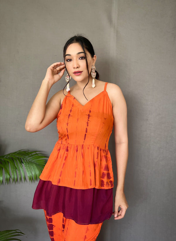 Fiery Shibori Printed  Co-Ord Set in Orange and Maroon