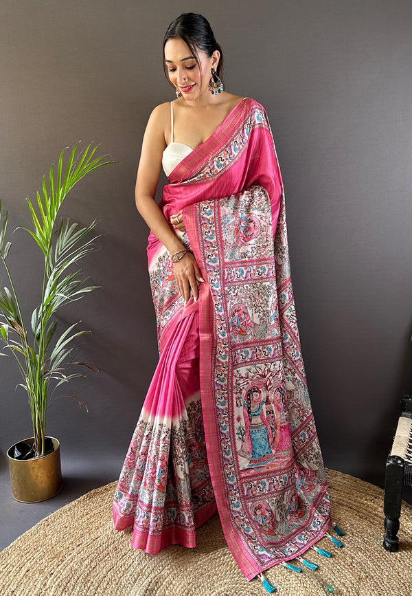 Pink Madhubani Saree with Timeless Artistic Prints