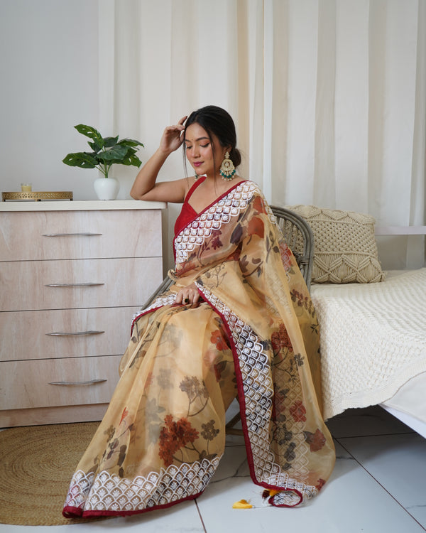 Light Brown Floral Saree with Geometric Maroon and White Borders