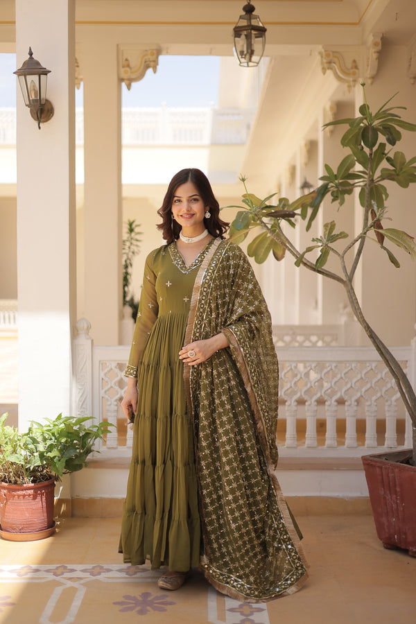 Olive Green Tiered Anarkali Gown with Embellished Dupatta