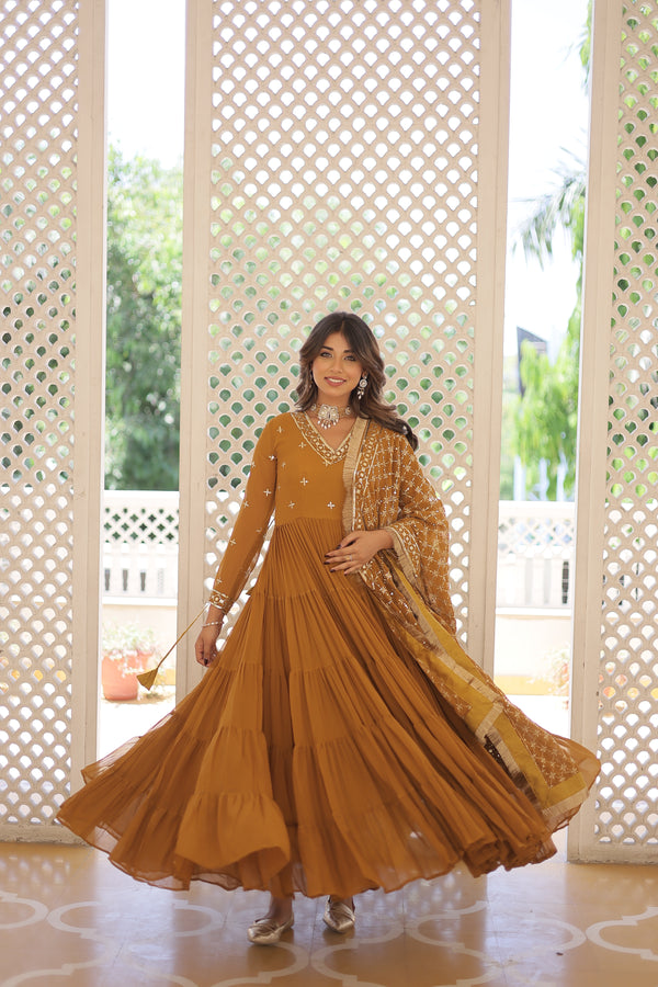 Regal Mustard Yellow Gown with Matching Embroidered Dupatta