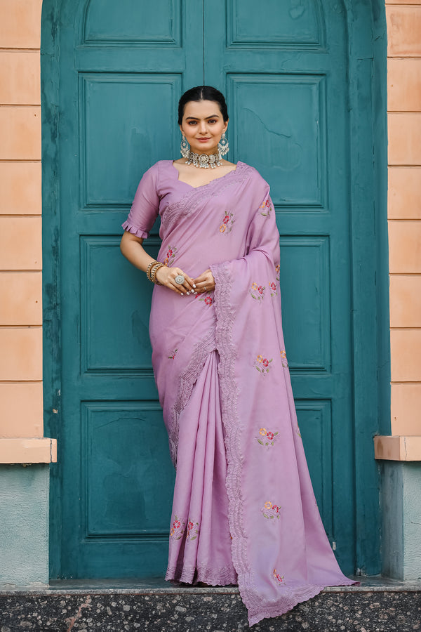 Soft Lavender Saree Adorned with Floral Embroidery