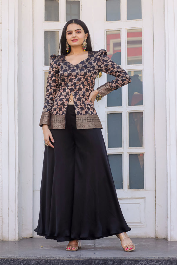 Black Brocade Jacket with Flowy Palazzos Co-Ord Set