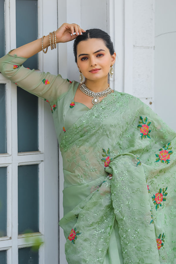 Greenish Grey Color Chiffon Fabric Saree With Embroidered Work