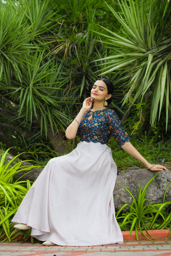 Navy Floral Bodice Gown with Soft Ivory Flair