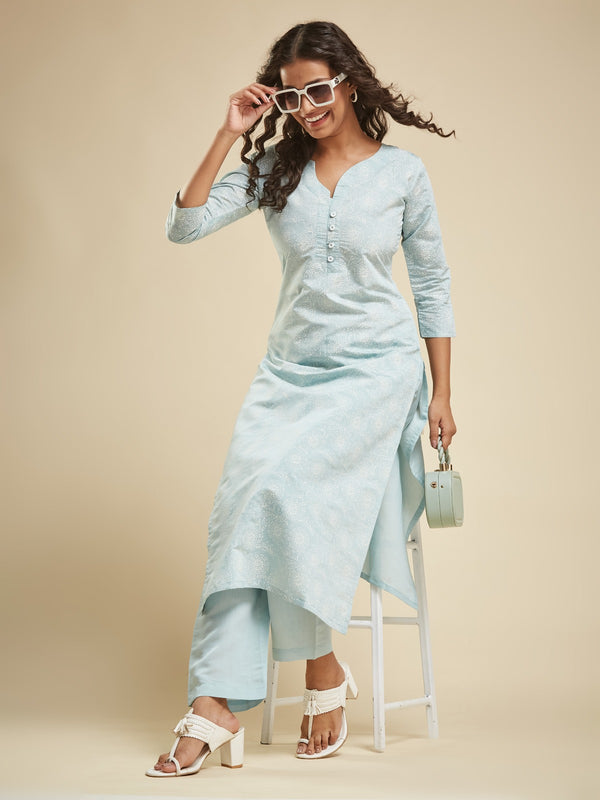 Sky Blue Kurti Set with Subtle Prints