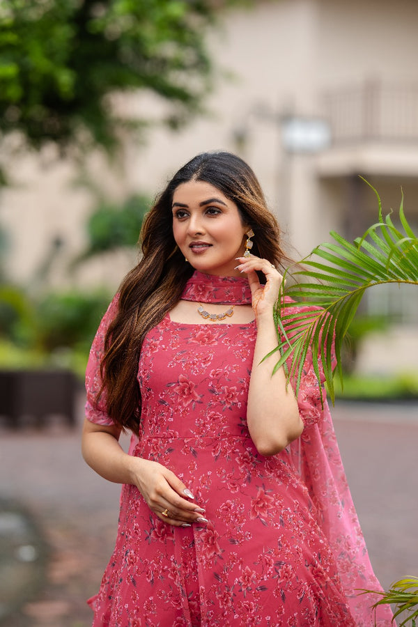 Feminine Pink Maxi Gown with Floral Prints and Soft Dupatta