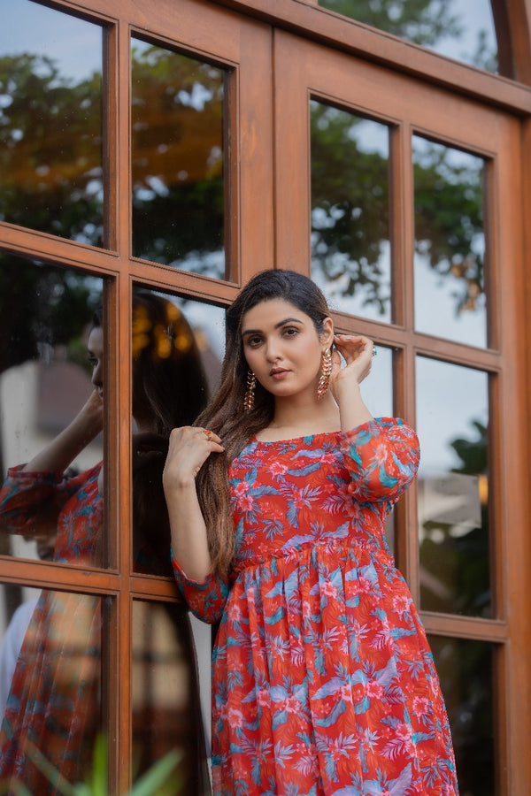 Vibrant Coral Red Floral Gown with Matching Sheer Dupatta