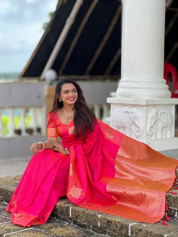 Pink Silk Soft Saree with Gold Zari and Tassel Detailing