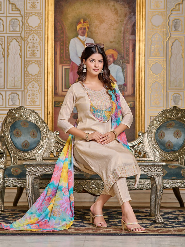 Beige Kurti Set with Embellished Neckline and Multicolor Floral Dupatta