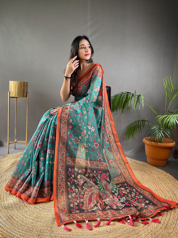 Greenish Blue Floral Saree With Artistic Peacocks and Ornate Border