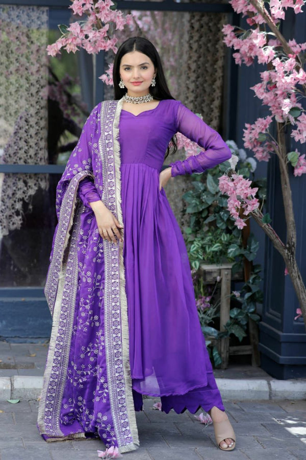 Royal Purple Three-Piece Set Featuring a Stylish Top, Comfortable Plazzo, and an Intricately Designed Dupatta