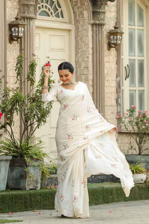 White Tussar Cotton Saree with Delicate Floral Embroidery