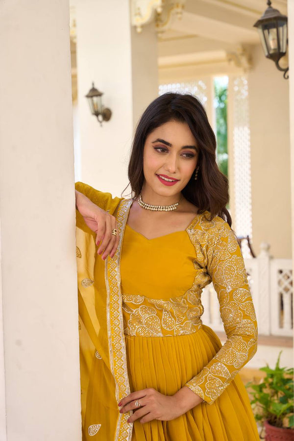 Yellow Ochre  Embroidered Work Gown With Dupatta