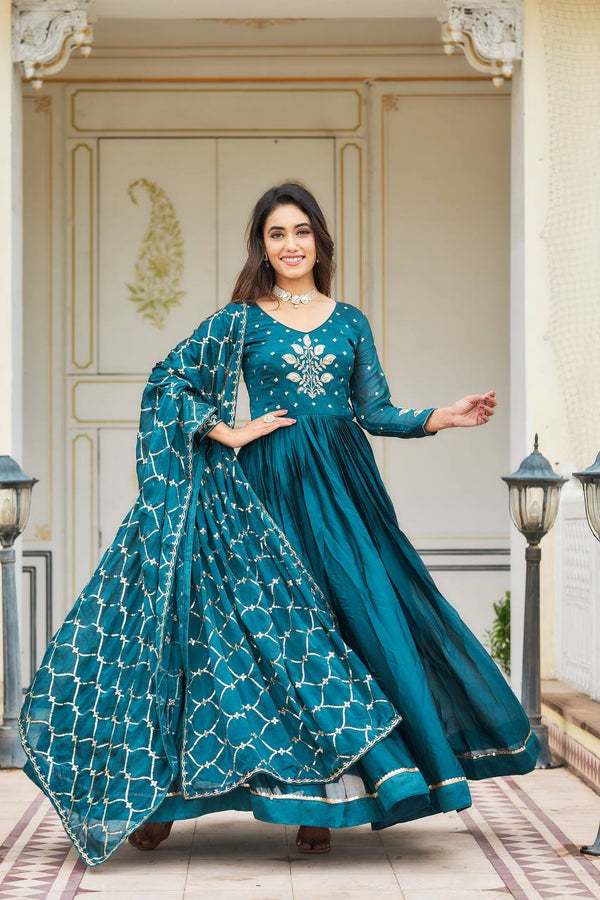 Chathams Blue Embroidered Work Gown With Dupatta