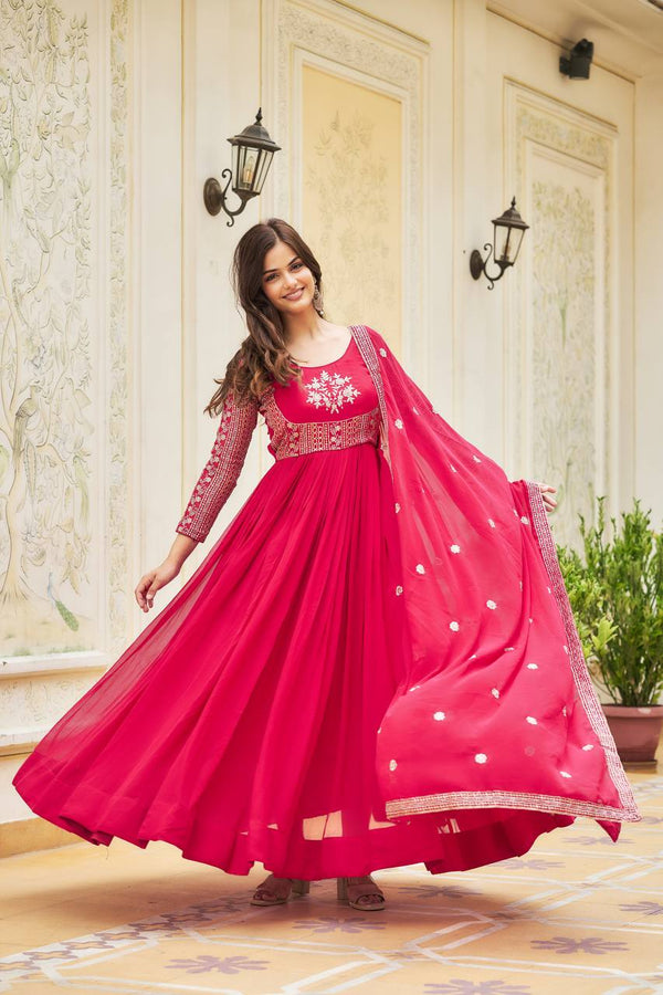 Cherry Red Embroidered Gown With Dupatta