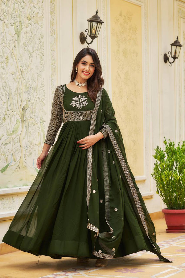 Black Olive Embroidered Gown With Dupatta