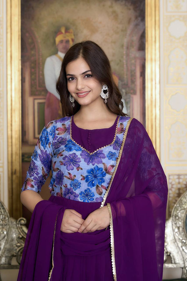 Imperial Violet Floral Anarkali Gown With Dupatta