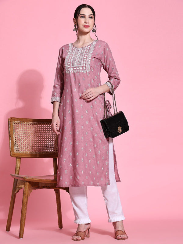 Dull Pink Kurti Set With Embroidery Work