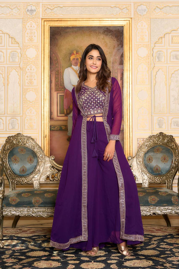 Purple Embroidered Co-Ord Set with Flowing Palazzo