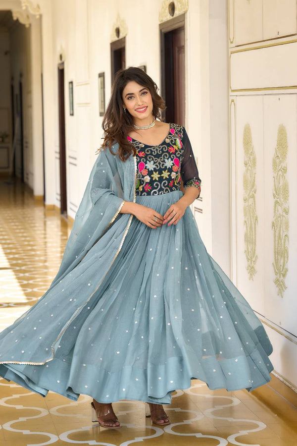 Bluish Grey Floral Anarkali Gown with Dupatta