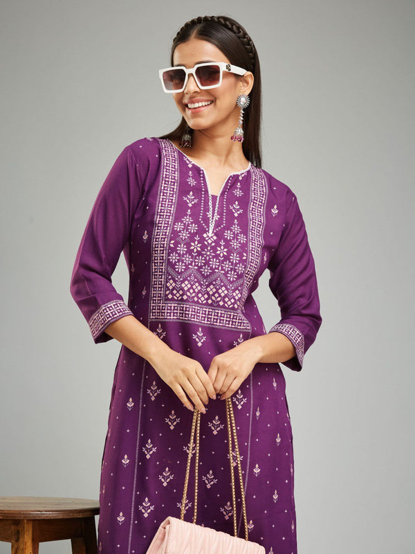 Purple Kurti Set with Elegant Embroidery