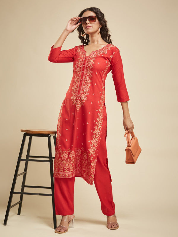 Radiant Red Kurti Set with Stylish Gold Print