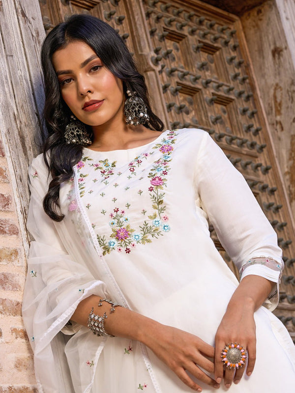 Soft White Kurti Set with Embroidered Sheer Dupatta