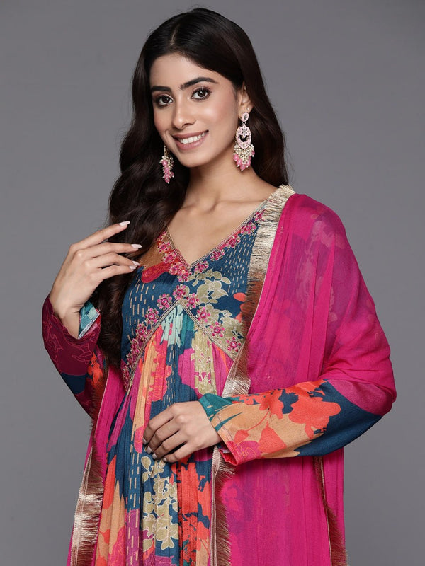 Multicolor Anarkali Kurti Set with Playful Prints and Bright Pink Dupatta