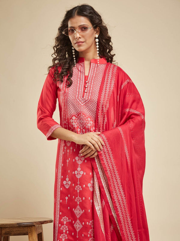 Red Traditional Kurti Set with Detailed White Embroidery & Dupatta