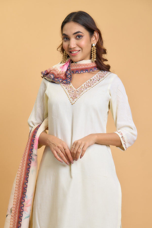 Ivory Kurti Set with Embroidered Neckline and Floral Dupatta