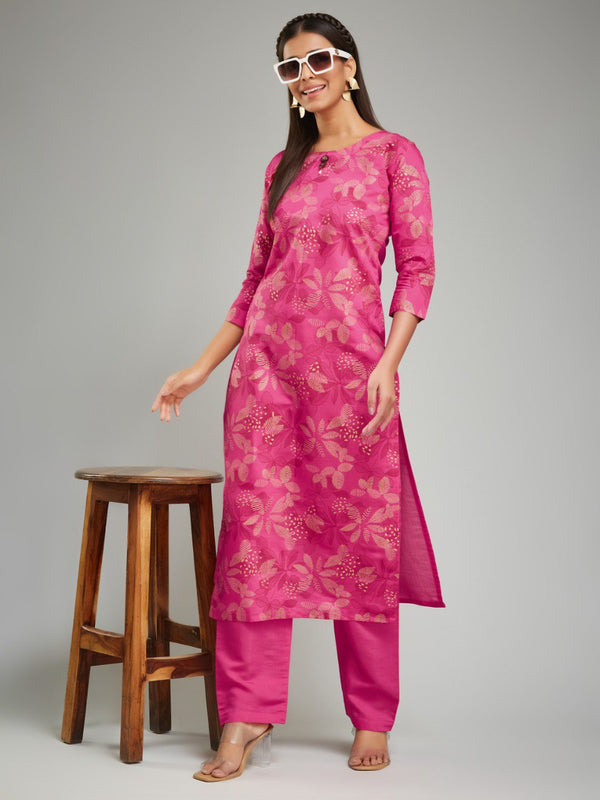 Glow Pink Kurti Set with Flower Gold Foil Print