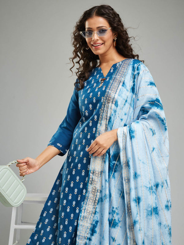 Stylish Blue Kurti Set with Intricate Designs and Matching Tie-Dye Dupatta