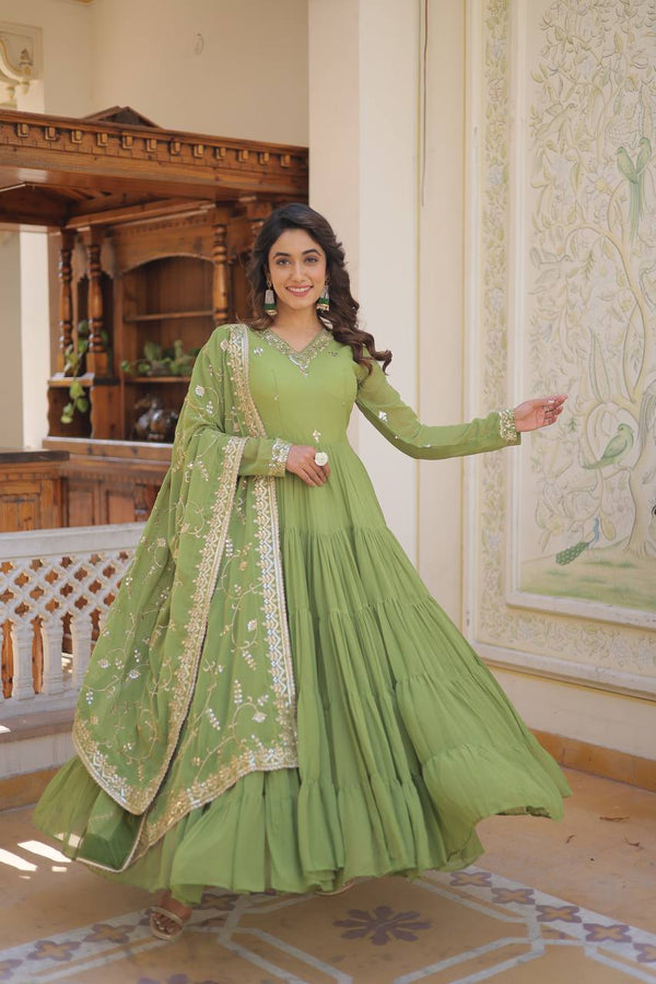 Parrot-Green Gown Adorned with Delicate Embroidery and Matching Dupatta