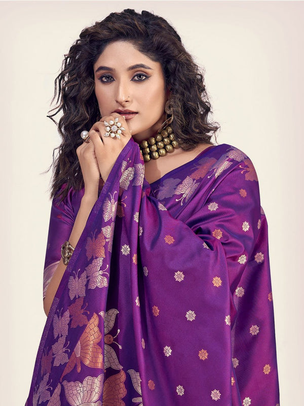 Regal Purple Saree with Golden Butterfly Motifs and Festive Elegance