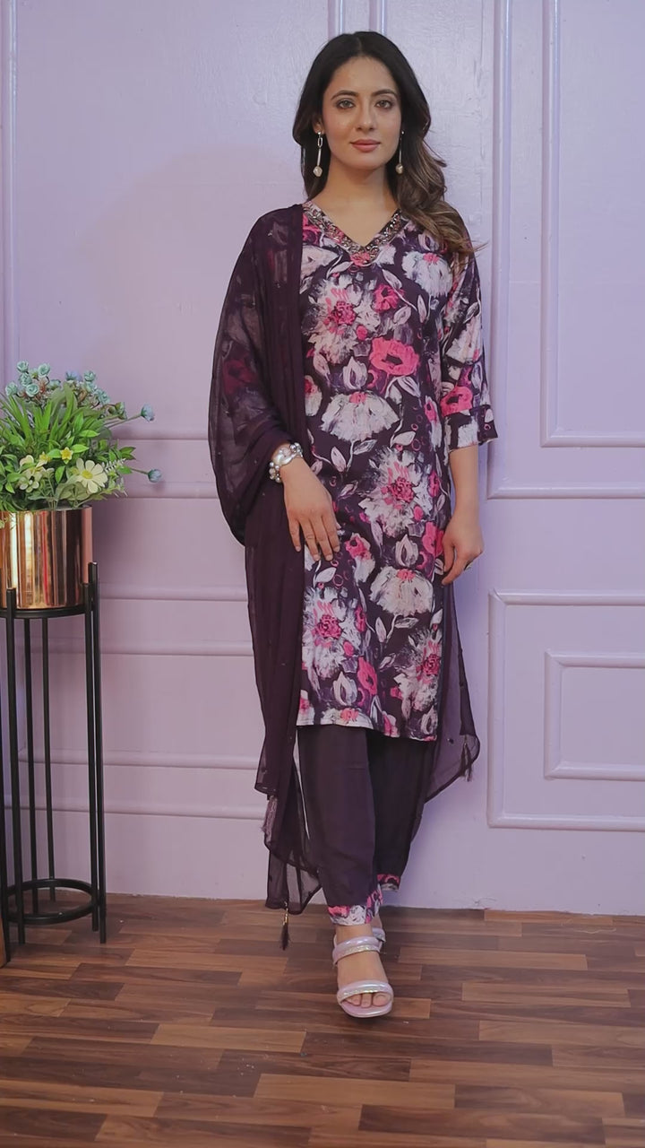 Classic Floral Print Kurtis Set with Dupatta Deep Purple Accents