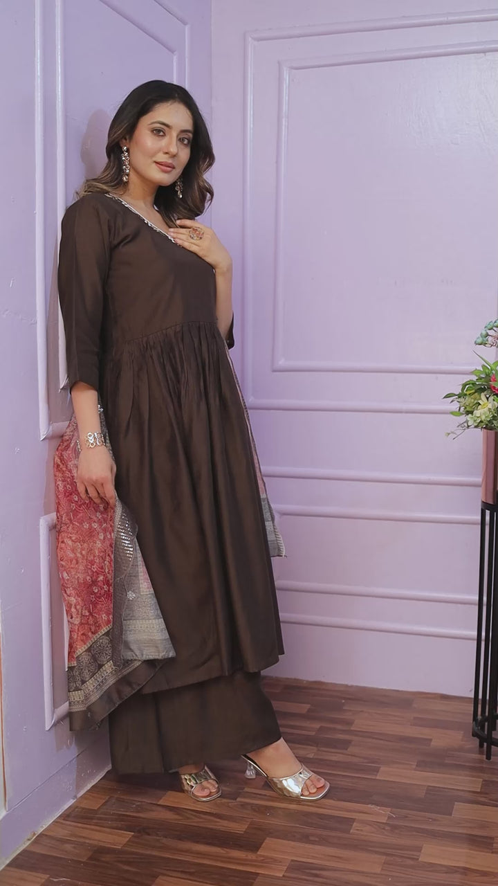 Olive Brown Viscose Slub Kurta Set With Floral Dupatta