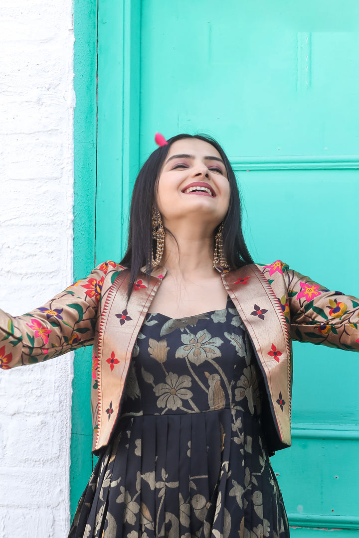 Black Gown with Gold Floral Weaving and Rich Paithani Jacket